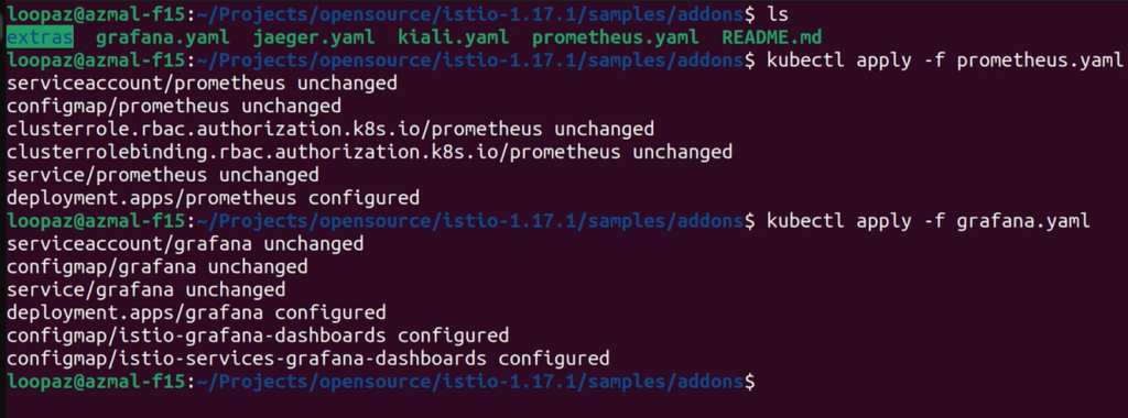 Apply Istio addon yaml files for Prometheus and Grafana in Kubernetes