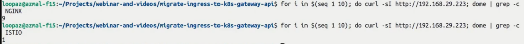 verifying weighted traffic distribution between nginx controller and istio ingress