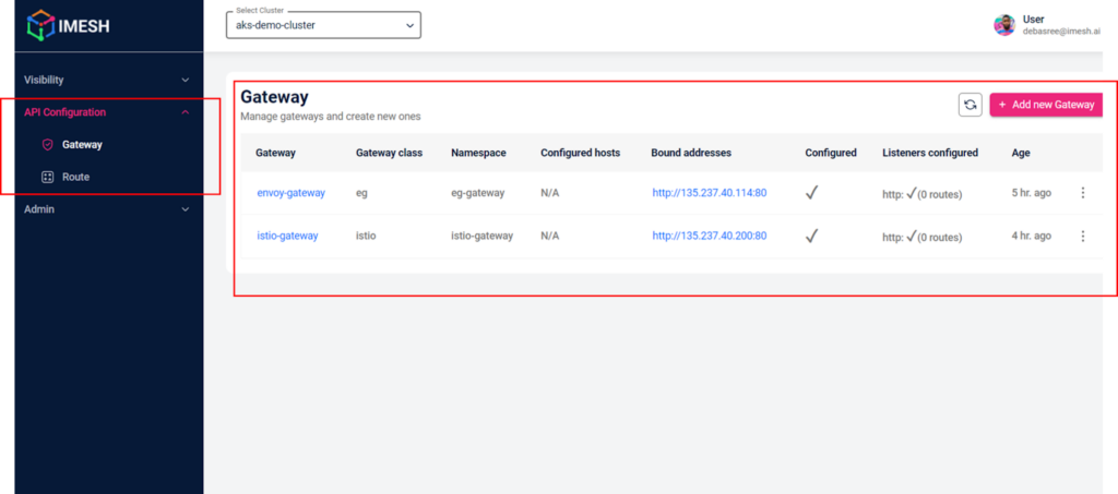 API Configuration menu for creating and managing APIs