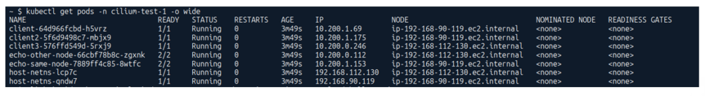 kubectl get pods output showing Cilium connectivity test pods with ClusterPool IPAM pod IPs on Amazon EKS