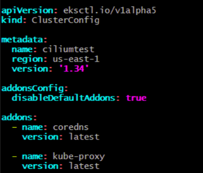 eksctl cluster configuration yaml disabling default addons and enabling coreDNS and kube-proxy for Cilium on Amazon EKS