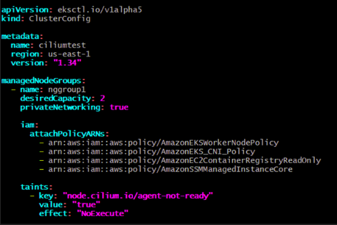 eksctl managed node group configuration yaml with private networking IAM policies and Cilium agent taint on EKS