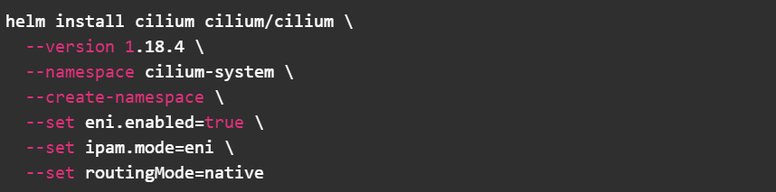 Install Cilium CNI on AWS EKS using Helm with ENI IPAM, native routing mode, and Cilium version 1.18.4