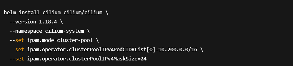 helm install command for Cilium on Amazon EKS using ClusterPool IPAM with custom pod CIDR and mask size