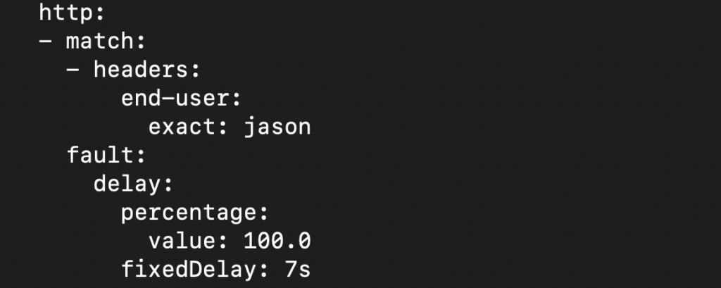 Delay fault injection configuration in Istio Ambient Mesh showing 7 second latency for requests using VirtualService