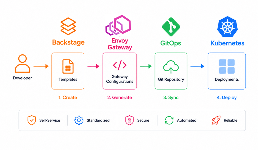 Backstage and Envoy Gateway self-service platform workflow using GitOps and Kubernetes to automate API gateway configuration, deployment, and developer onboarding.