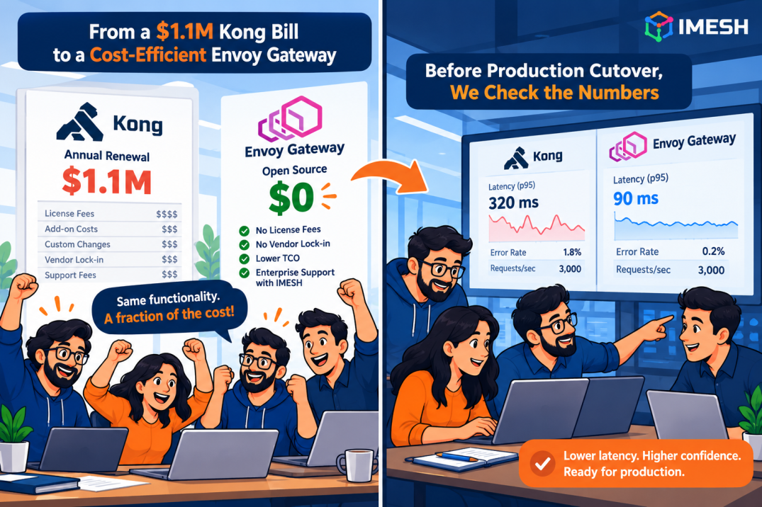 IMESH illustration comparing Kong’s $1.1 million annual renewal cost with open-source Envoy Gateway, highlighting lower total cost of ownership, reduced latency, fewer errors, and performance validation before production cutover.
